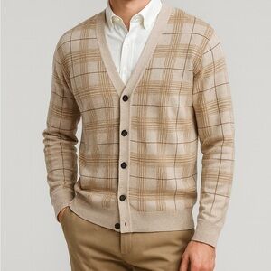 BANANA REPUBLIC Tan Plaid Checkered V Neck Merino Wool Cardigan Size XL
